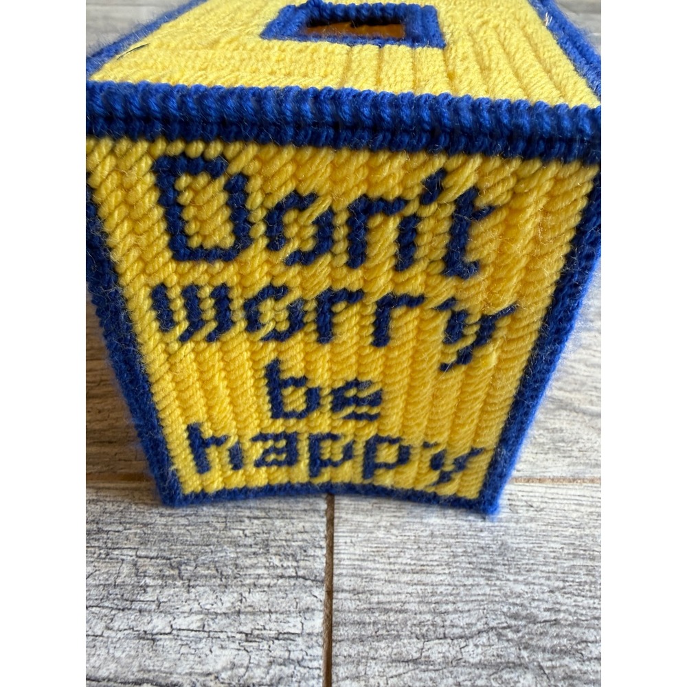Handmade Needlepoint Tissue Box Cover Happy Face Don't Worry Be Happy Retro Yarn